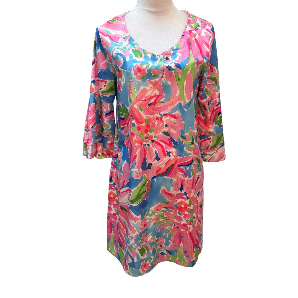 Floral Bell Sleeve Shift Dress Womens Medium Pink Blue Preppy
